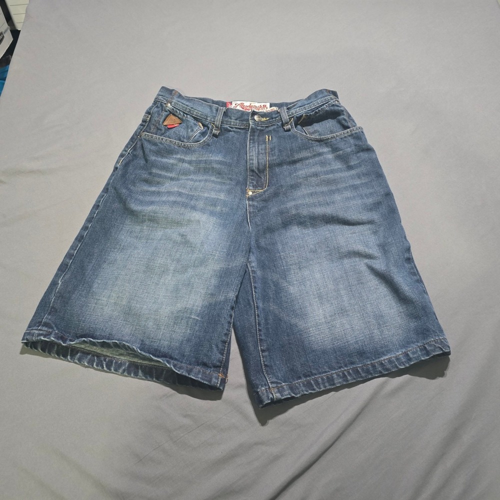 Akademiks Denim Shorts Mens 34 Blue Baggy Y2K Streetwear Wide Leg Jorts